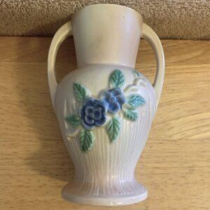 VASE - VINTAGE 5.25" WELLER or MORTON 2 handle urn vase, pink, blue flowers